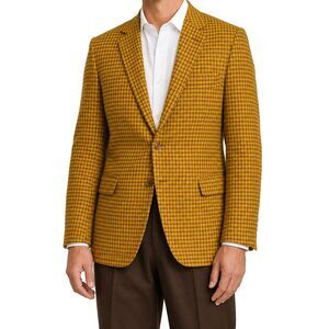 Mens Lambswool Blazer 44R Yellow Brown Houndstooth Sport Coat Jacket Wool Preppy